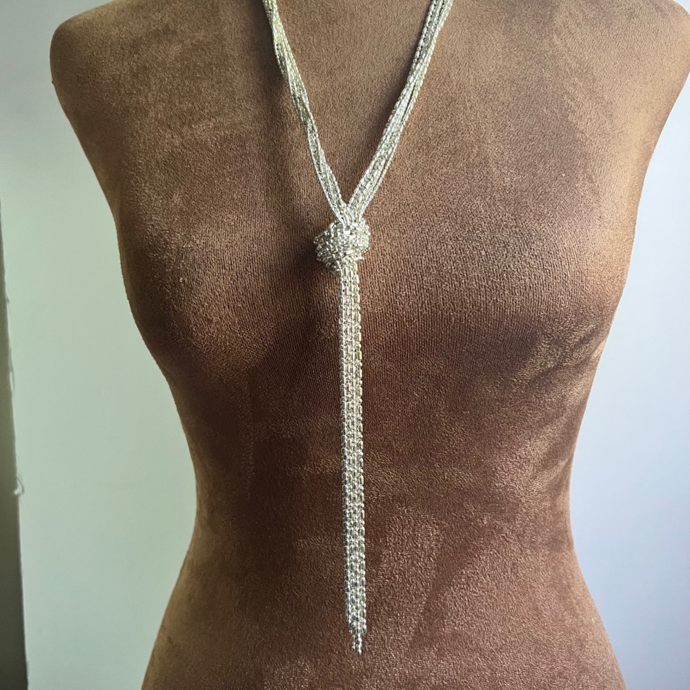 Silver Multi Strand Beaded Tassel Lariat Knot Necklace 24-27 In Cottagecore